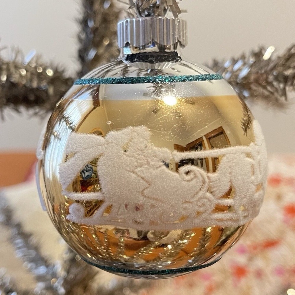 3" Radko Shiny Brite Stenciled Flocked Ornament Sleigh Ride Winter Gold Blue MCM